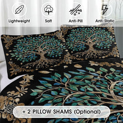 Overhead view of teal and gold Tree of Life bedding styled elegantly across an arranged interior wooden bed frame