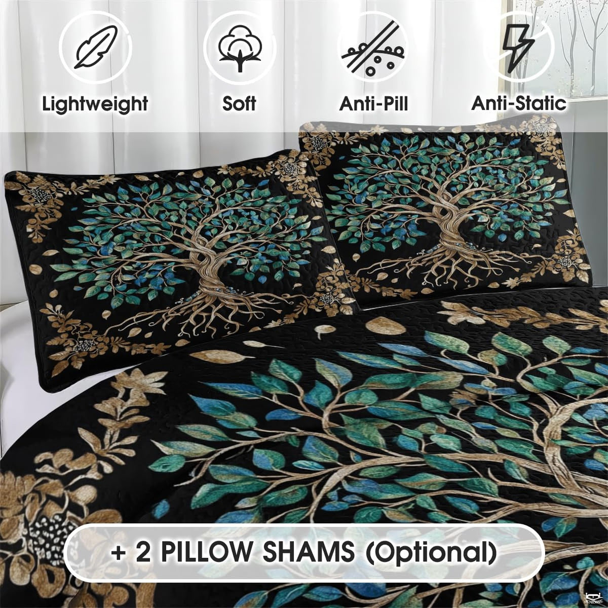 Overhead view of teal and gold Tree of Life bedding styled elegantly across an arranged interior wooden bed frame