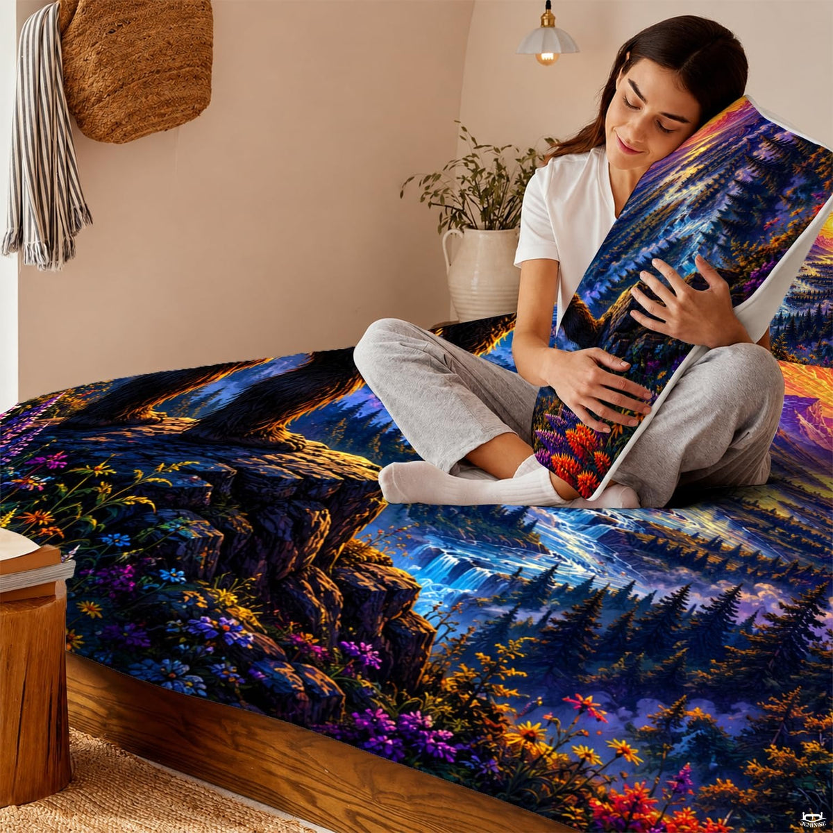 Wilderness-themed bedroom presentation highlighting an alpine river and sunset bedding set