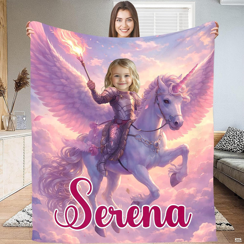 Winged unicorn knight soaring clouds blanket with flaming torch