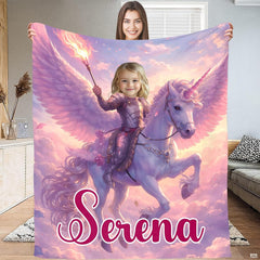 Winged unicorn knight soaring clouds blanket with flaming torch