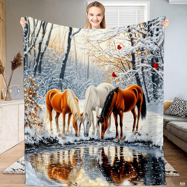 Winter horses throw blanket featuring three horses drinking from a forest stream with red cardinals.