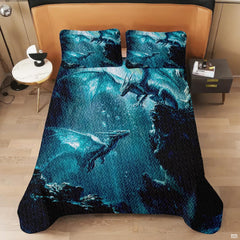 Coordinating decorative pillow sham illustrating a horned winged water dragon hovering in navy depths.