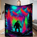 Psychedelic neon Bigfoot Sasquatch standing among glowing mountains and pines, view 1.