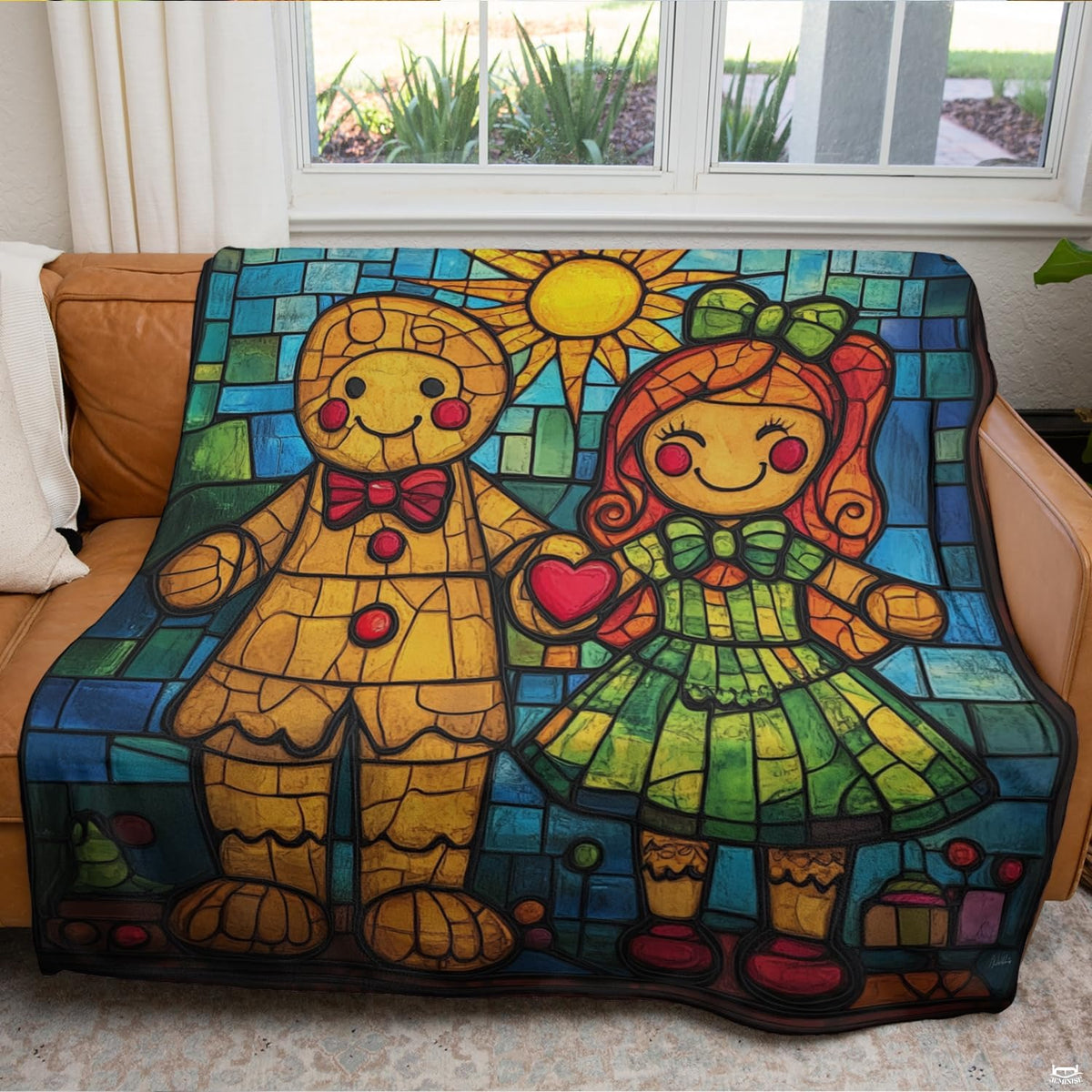 Stained glass gingerbread couple throw blanket view 4 highlighting glass mosaic tiles and colorful room decor