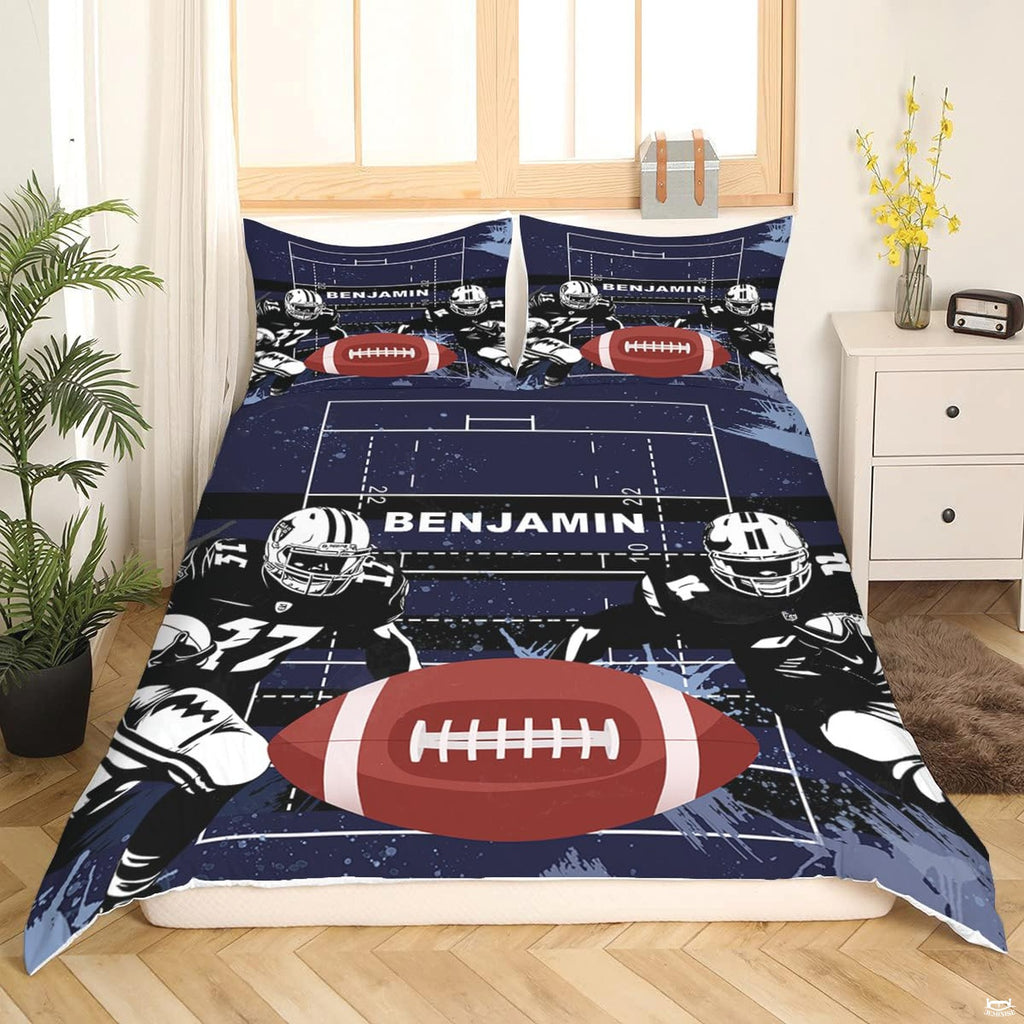 Football bedding displaying tactical field playbook blueprint diagram, helmeted players, and central football graphic