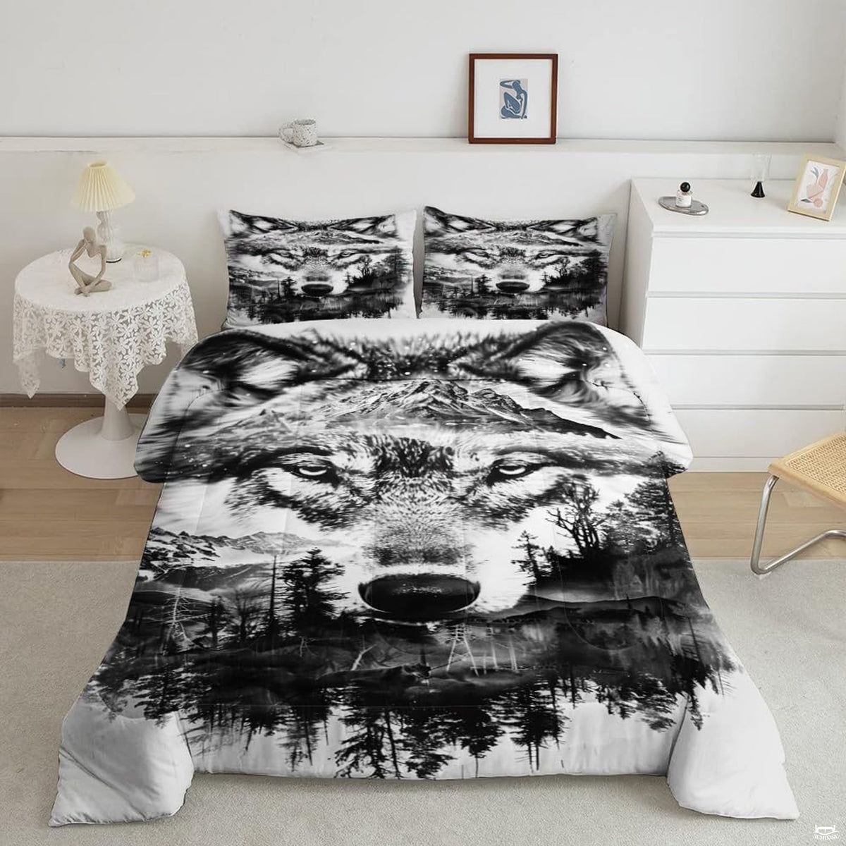 Wolf mountain comforter mockup with monochrome face, peaks, forest, and lake