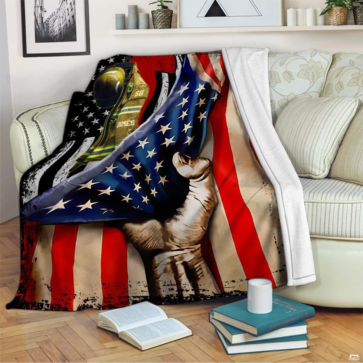 Overhead view of firefighter American flag bed cover showcasing distressed canton stars.