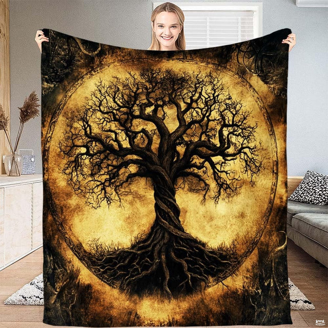Rustic Celtic Tree of Life throw blanket featuring a gnarled oak silhouette within an amber circular medallion