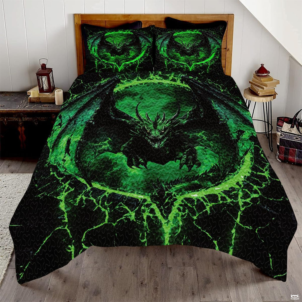 Emerald lava dragon mythical fantasy bedding set displayed on a bed in a dramatic bedroom