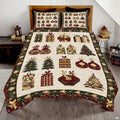 Golden wheat snowman holiday bedding set displayed on a bed in a rustic winter bedroom