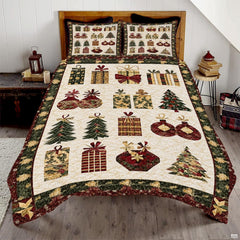 Golden wheat snowman holiday bedding set displayed on a bed in a rustic winter bedroom