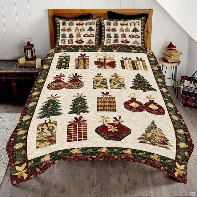 Golden wheat snowman holiday bedding set displayed on a bed in a rustic winter bedroom