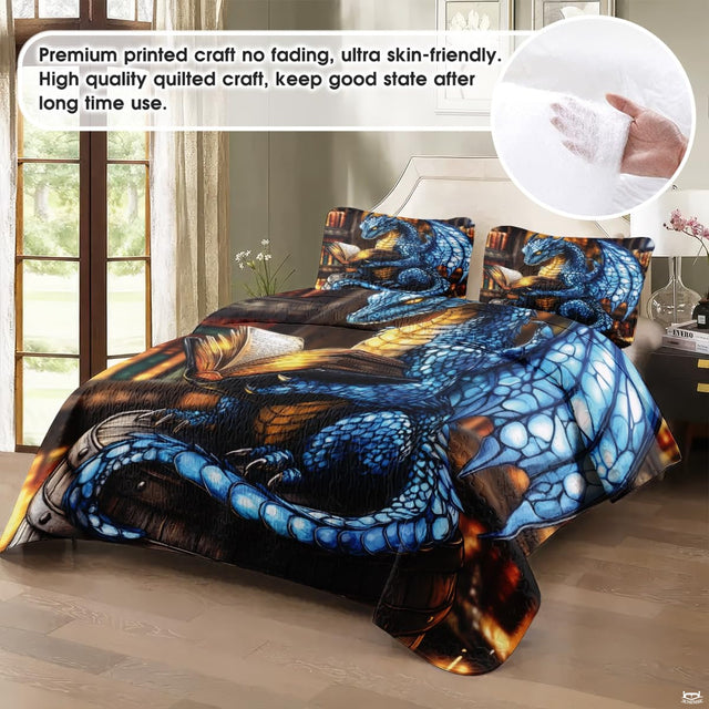 Dragon library bedding in a softly lit bedroom