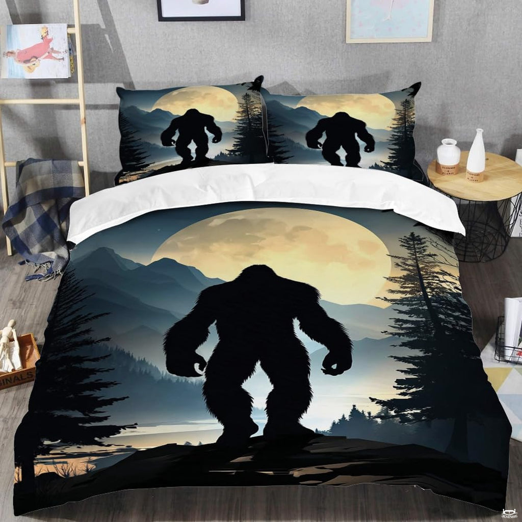 Top angle perspective of bigfoot silhouette bedding showing detailed striped icy rings and pine tree accents.