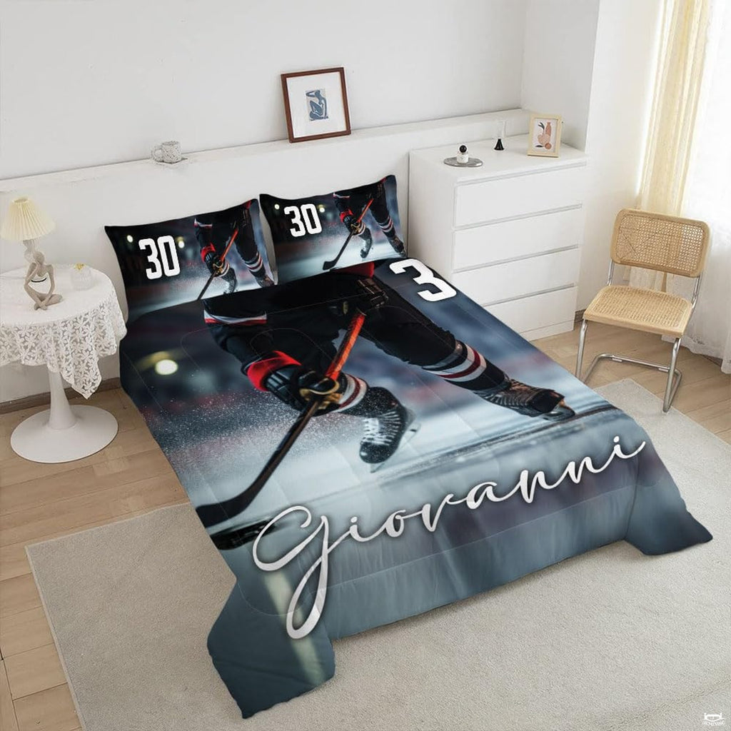 Close-up perspective of ice hockey bedding showing detailed skates, hockey stick, and puck on rink