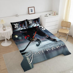Close-up perspective of ice hockey bedding showing detailed skates, hockey stick, and puck on rink