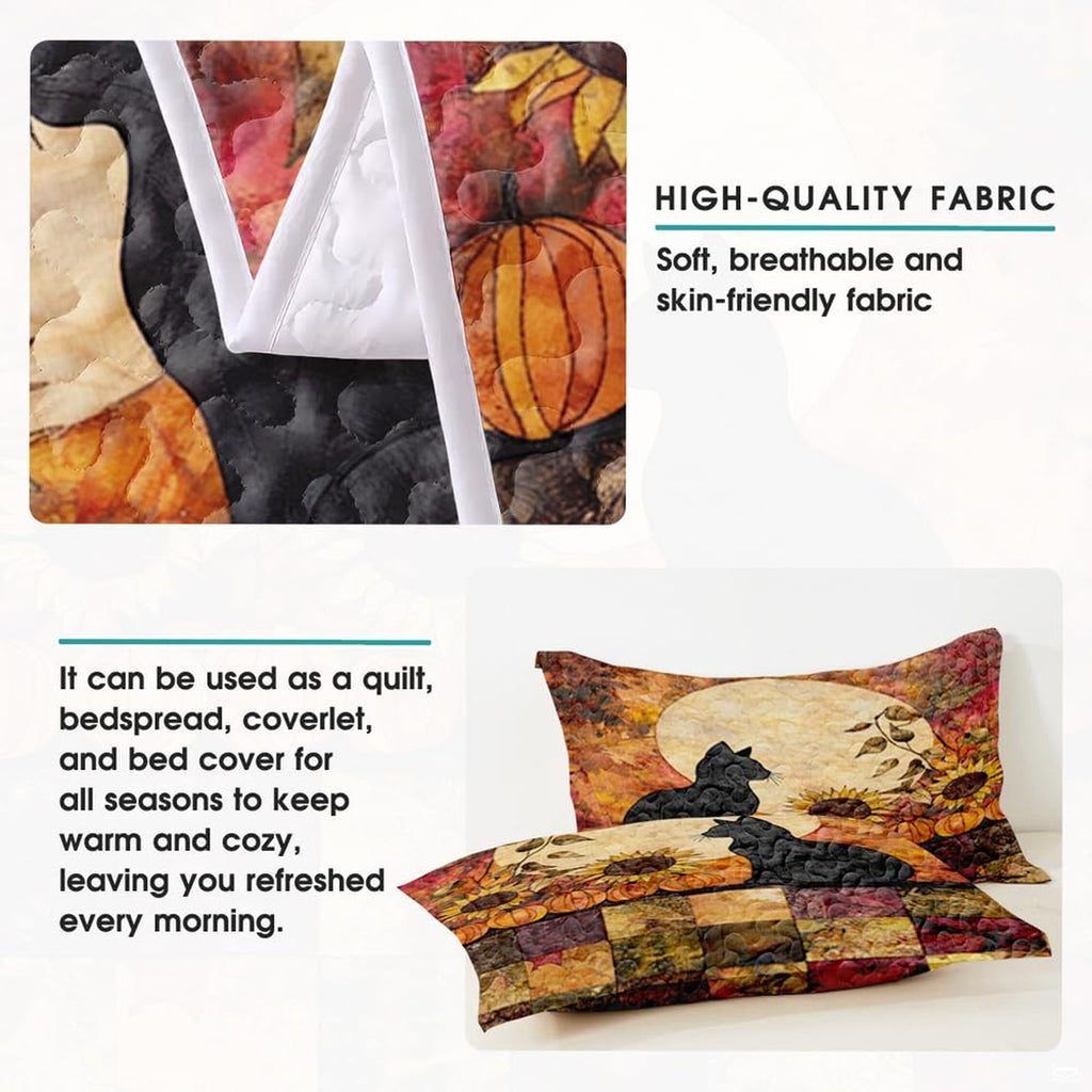 High-angle view of autumn leaf bedding set showcasing balanced geometric patchwork tiles and foliage motifs across bed.