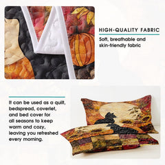 High-angle view of autumn leaf bedding set showcasing balanced geometric patchwork tiles and foliage motifs across bed.