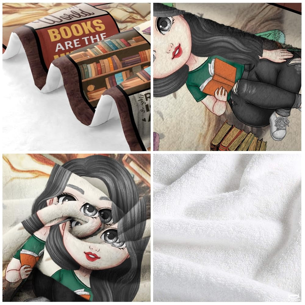Personalized Black Hair Reading Girl with Bookshelf Throw Blanket