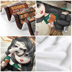 Personalized Black Hair Reading Girl with Bookshelf Throw Blanket