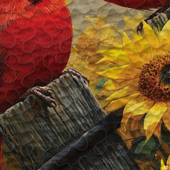 Close-up view of painted crimson red northern cardinals perched on rustic fence posts with sunflowers.