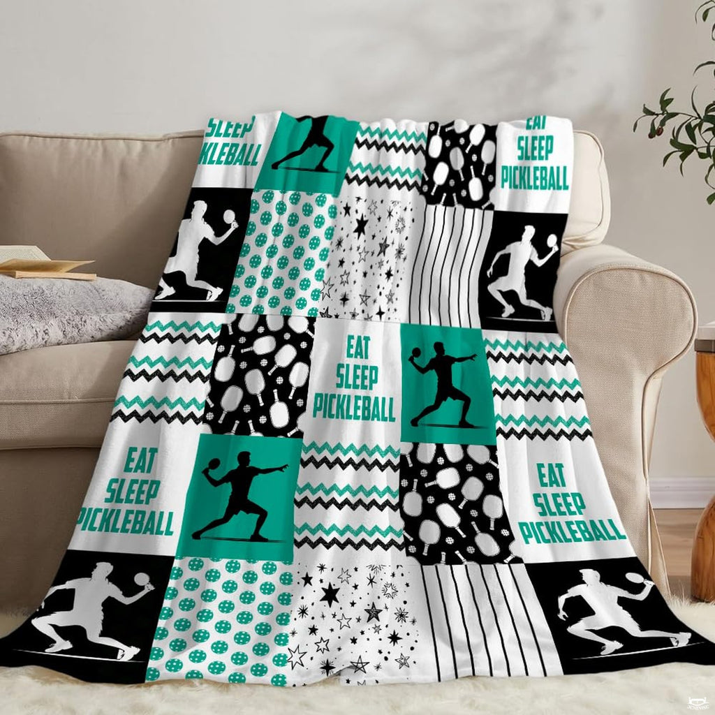 Pickleball patchwork pattern with player silhouettes and teal chevrons, view 6.