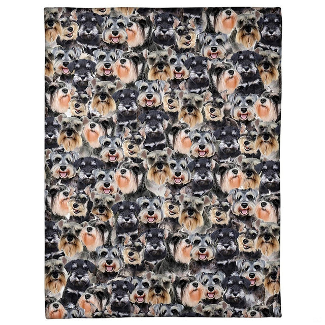 All-over pattern display showing a dense photo collage of bearded Schnauzer dog portraits.