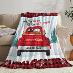Vintage red truck throw blanket view 6 highlighting retro truck, winter pines, and buffalo check trim