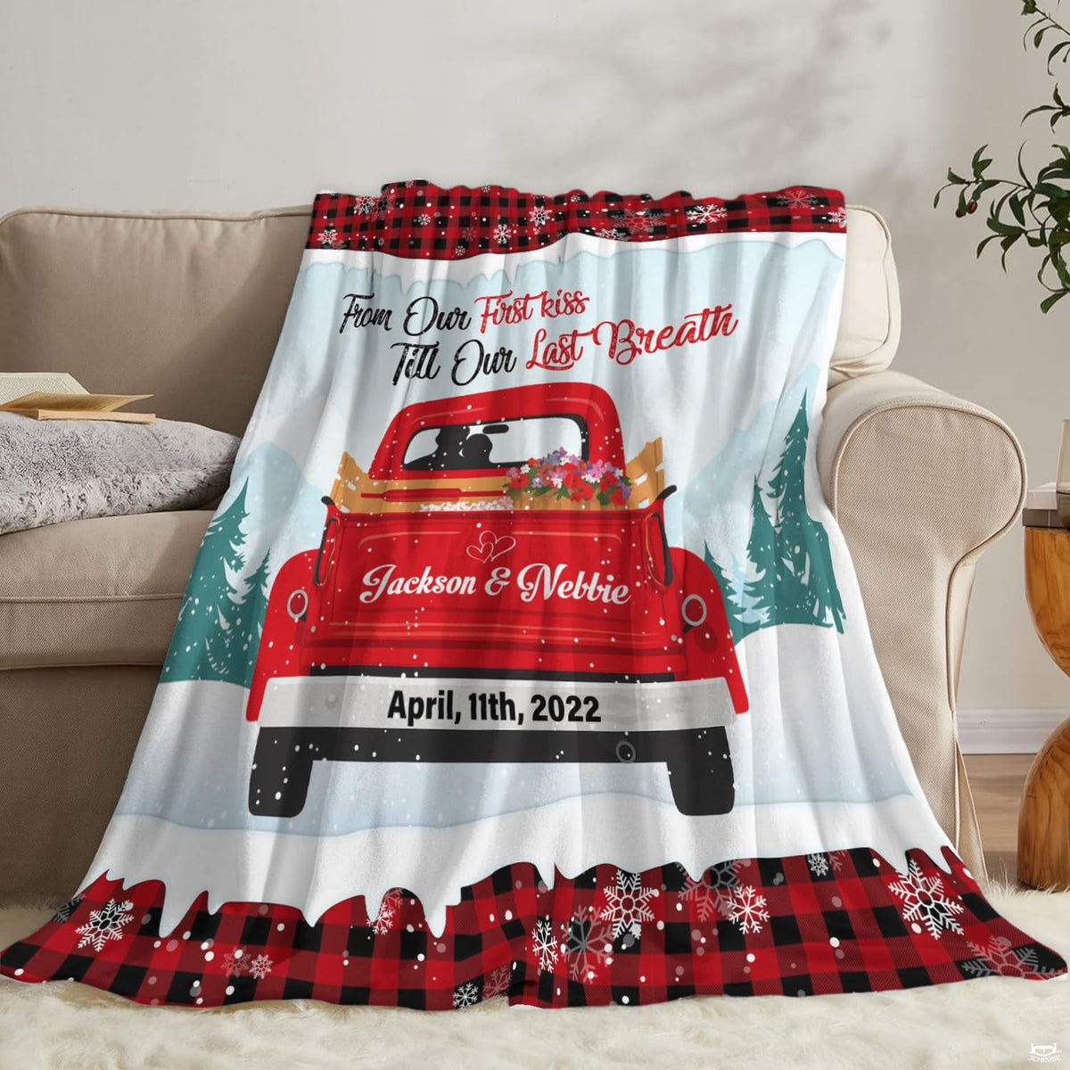 Vintage red truck throw blanket view 6 highlighting retro truck, winter pines, and buffalo check trim