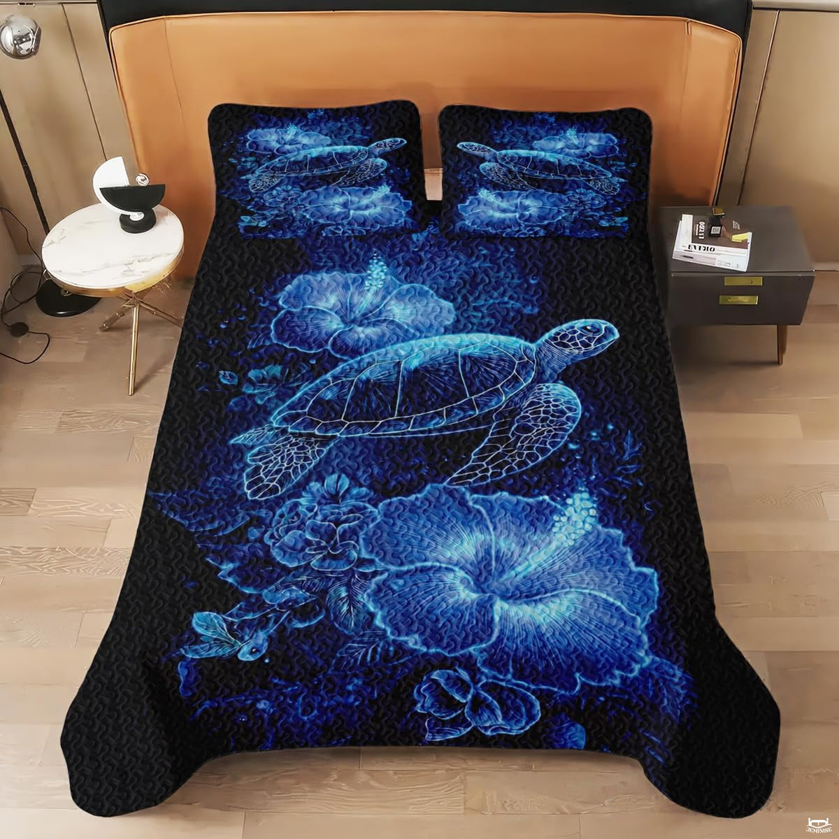 Atmospheric room display of bioluminescent turtle artwork harmonizing with modern coastal blue bedroom paint tones.