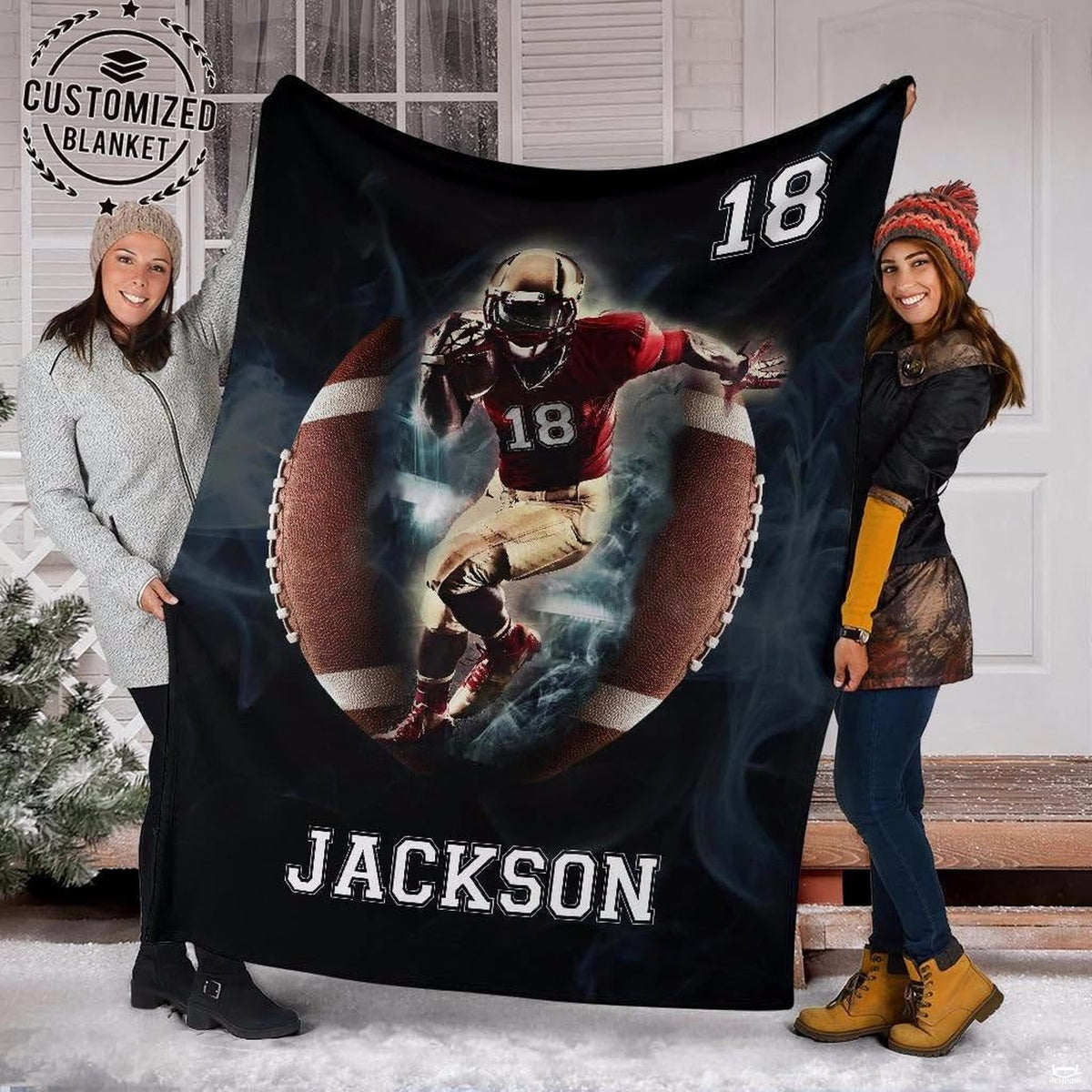 Close view of charging football runner in helmet on graphic blanket