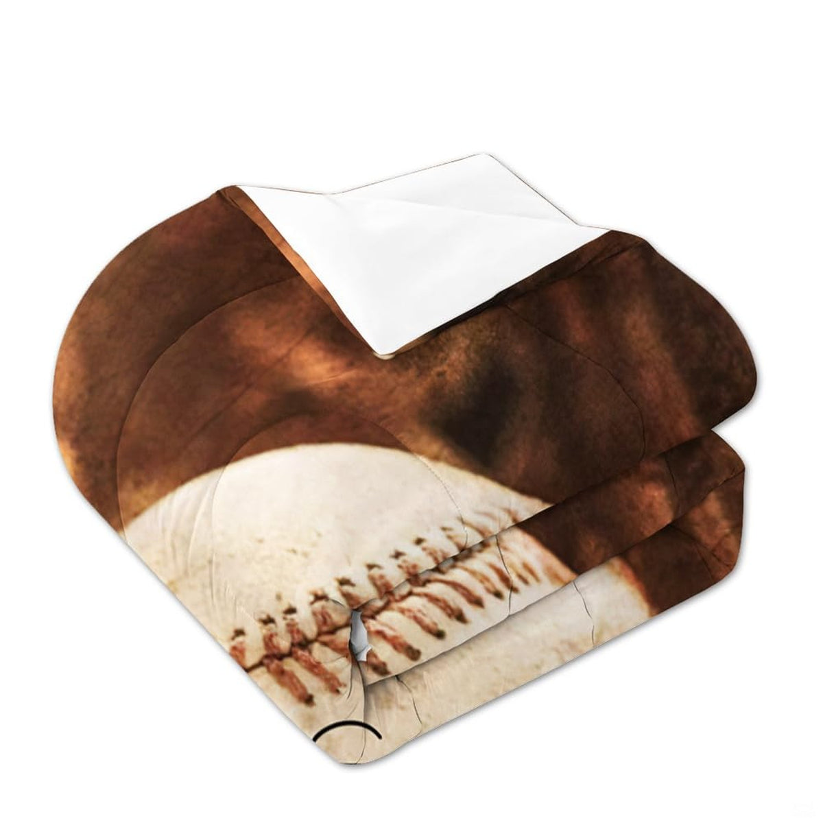 Detailed graphic view of athletic block numbers and cursive script on vintage baseball bedding.