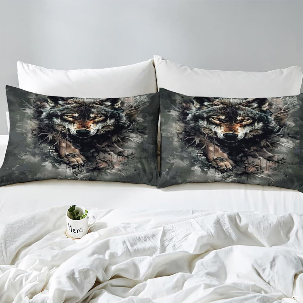 Close pillow view with amber-eyed wolf, bare branches, and distressed marks