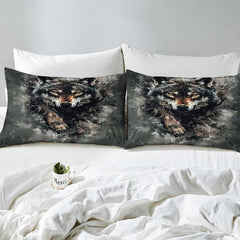 Close pillow view with amber-eyed wolf, bare branches, and distressed marks