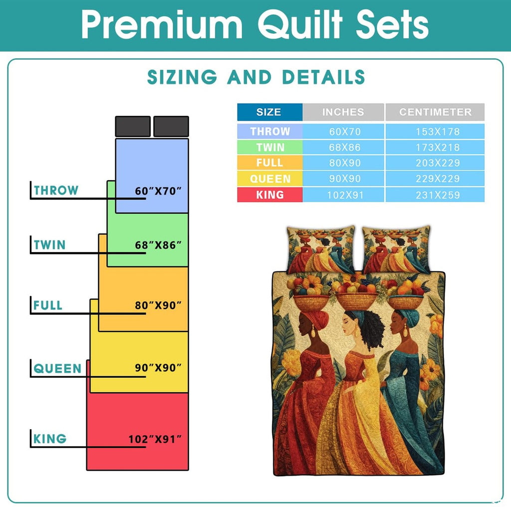 Sizing chart with small women and fruit basket floral artwork