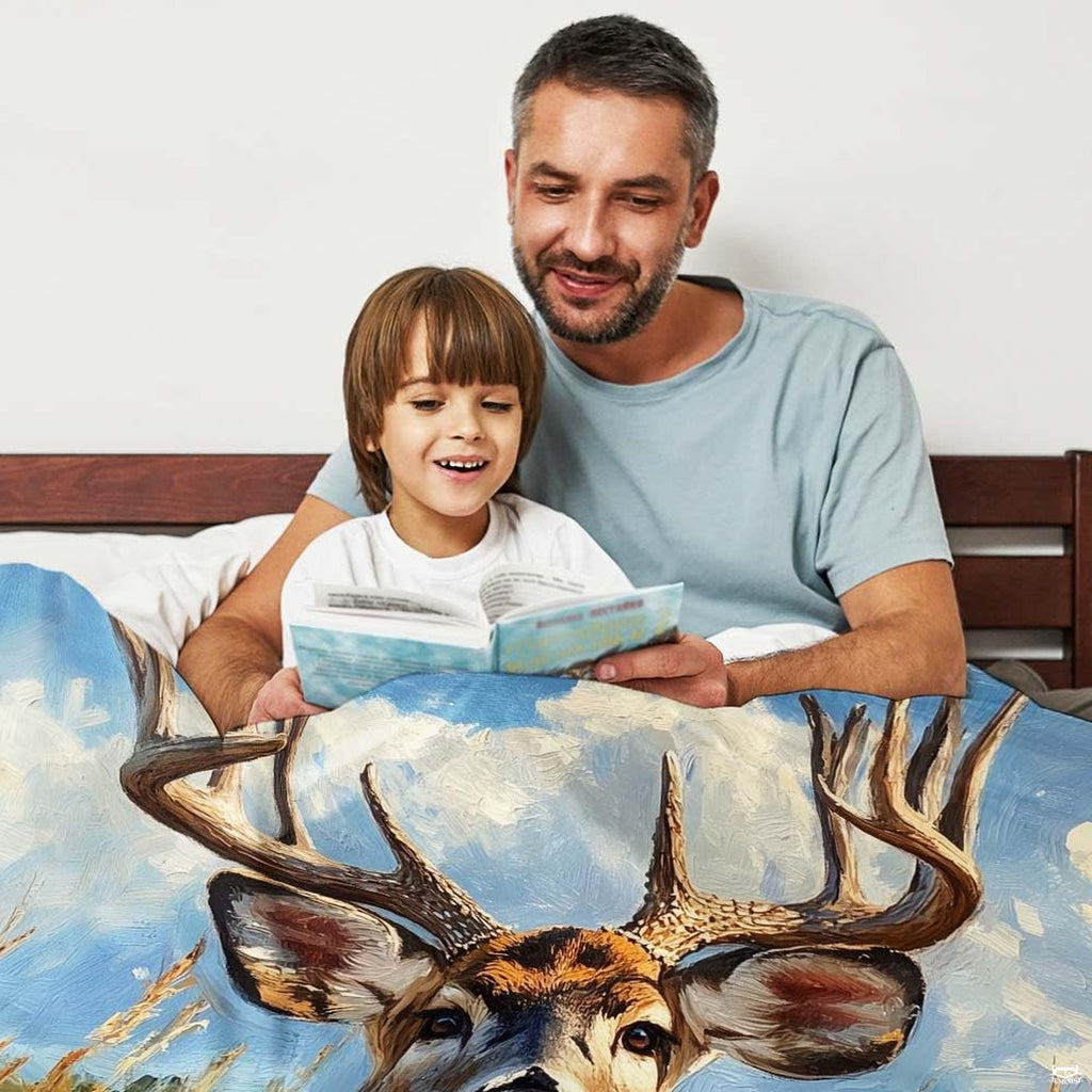 Rustic bedroom arrangement showcasing buck deer print bedding set with golden meadow motif.