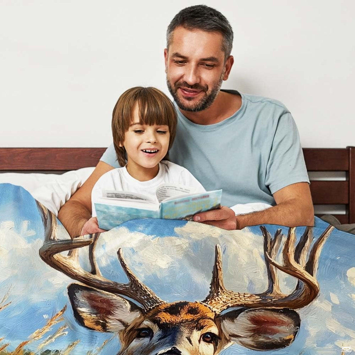 Rustic bedroom arrangement showcasing buck deer print bedding set with golden meadow motif.