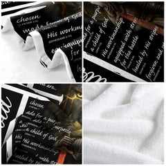 Stylized white cross and glowing crackled golden lion graphic featured on dark bedding.