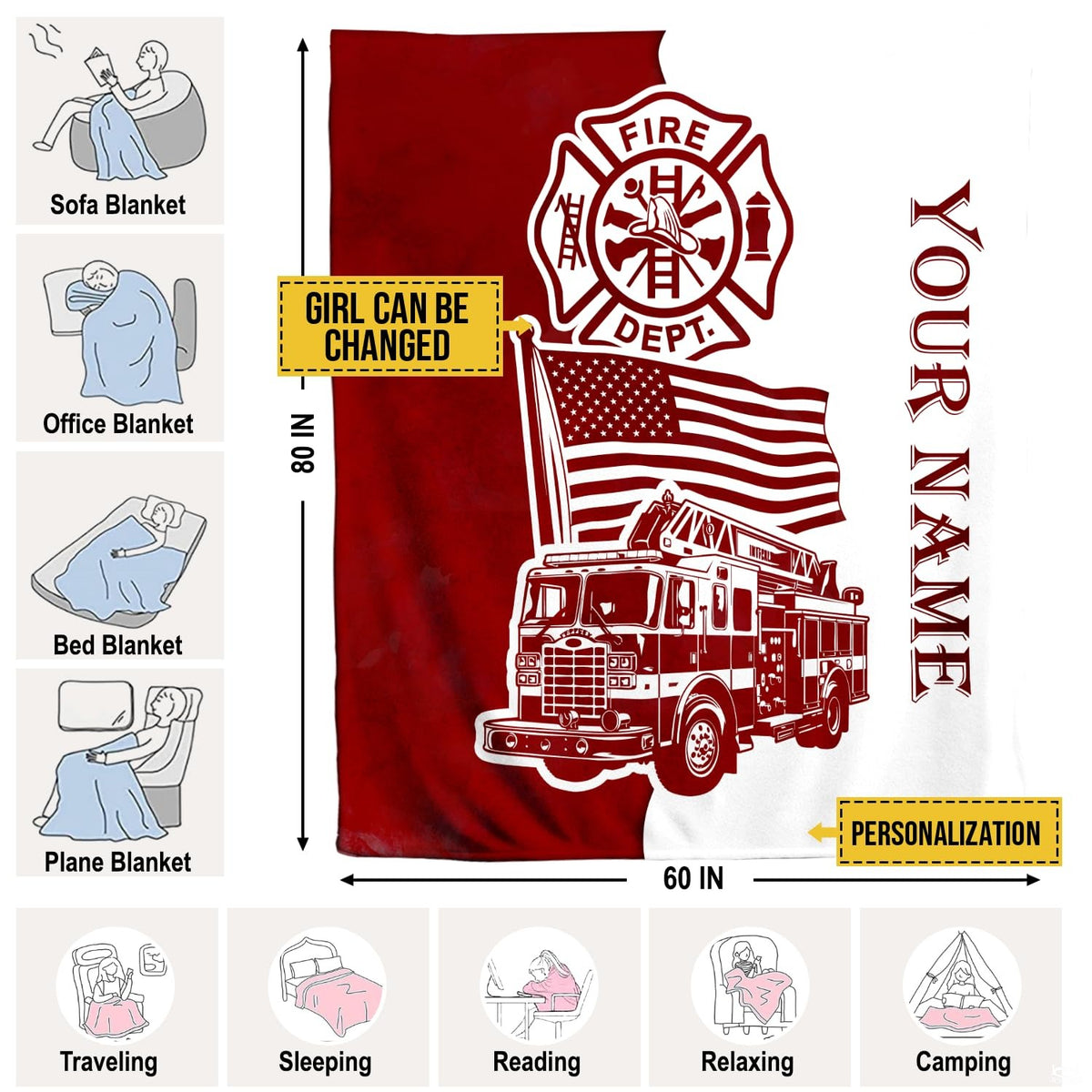 Overhead flat view of the patriotic firefighter rescue throw blanket showing two-tone color block layout
