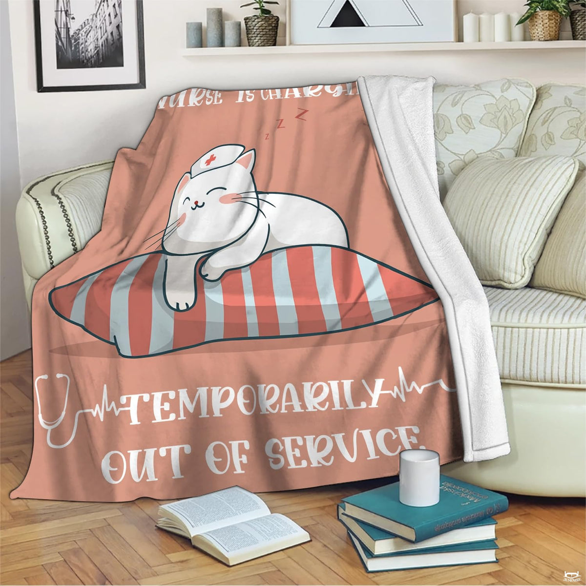 Full display of sleeping nurse cat cartoon throw blanket laid flat on light wooden floor