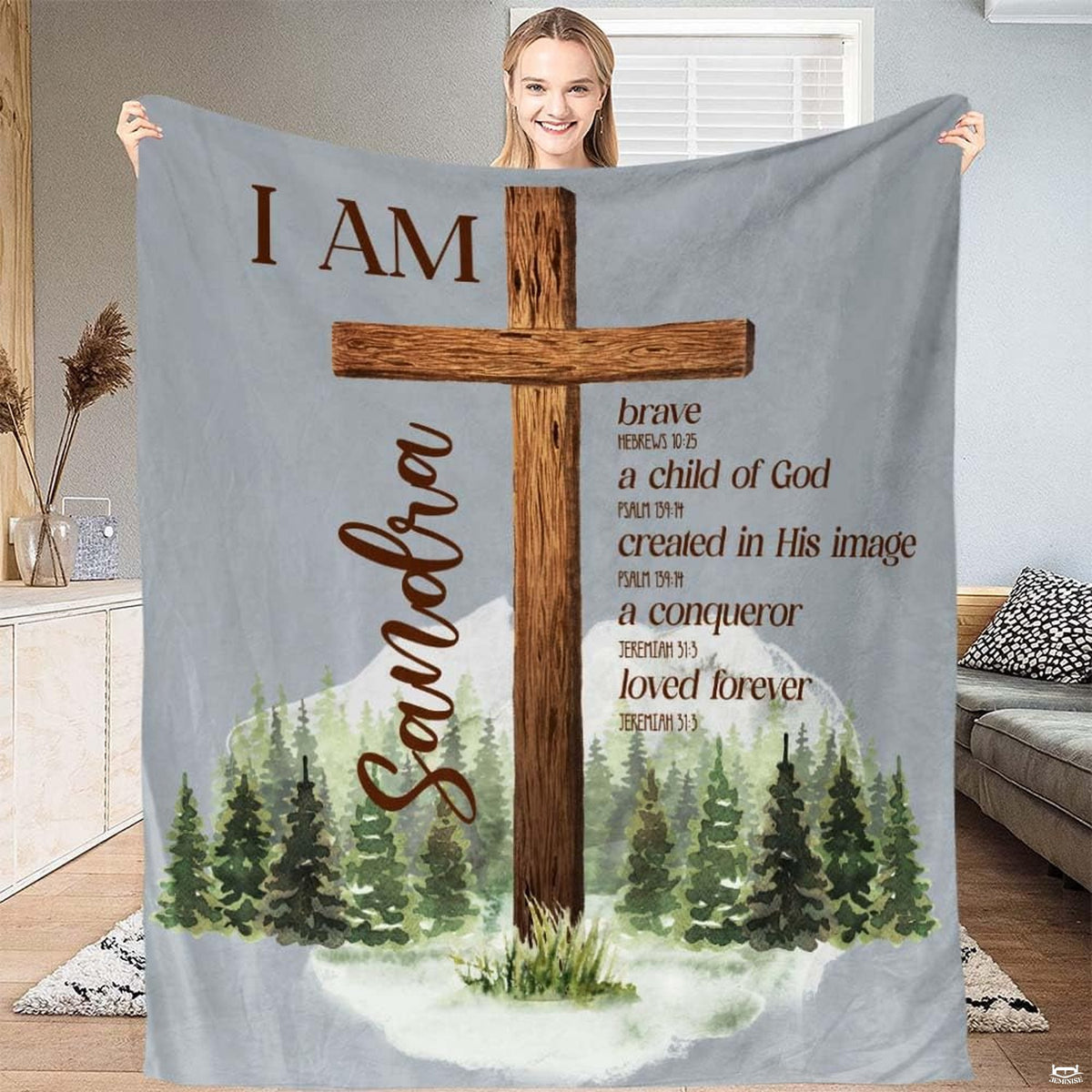 Rustic wooden cross standing in a pine mountain forest clearing on a cross bedding set.