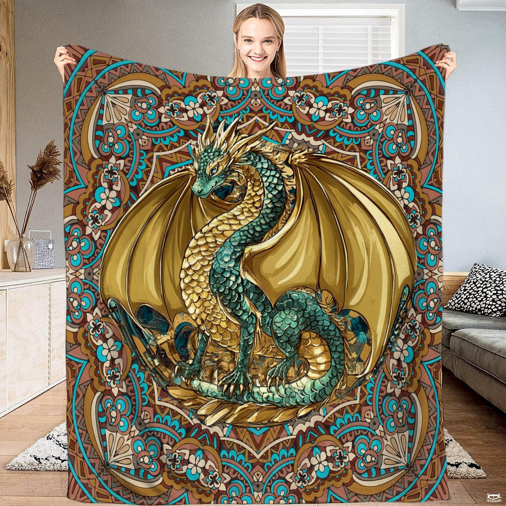 Mythic winged dragon in teal and golden ochre centered on bohemian mandala bedding set.