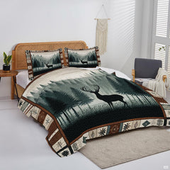Detail of stag silhouettes and evergreen pine trees rendered in earthy green and brown tones.