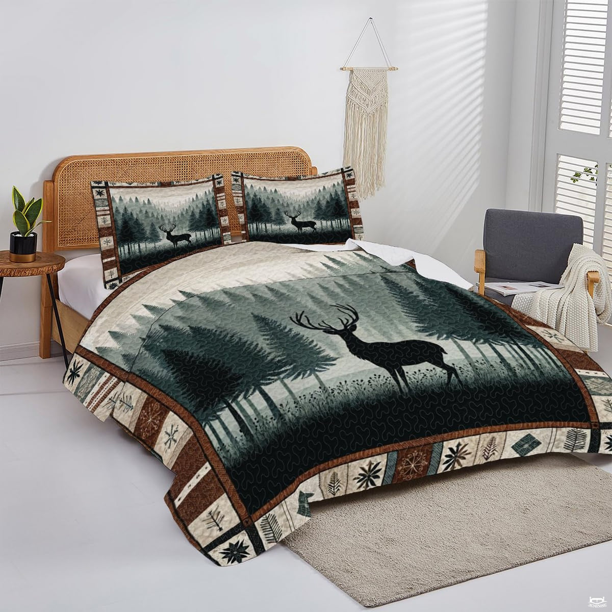 Detail of stag silhouettes and evergreen pine trees rendered in earthy green and brown tones.