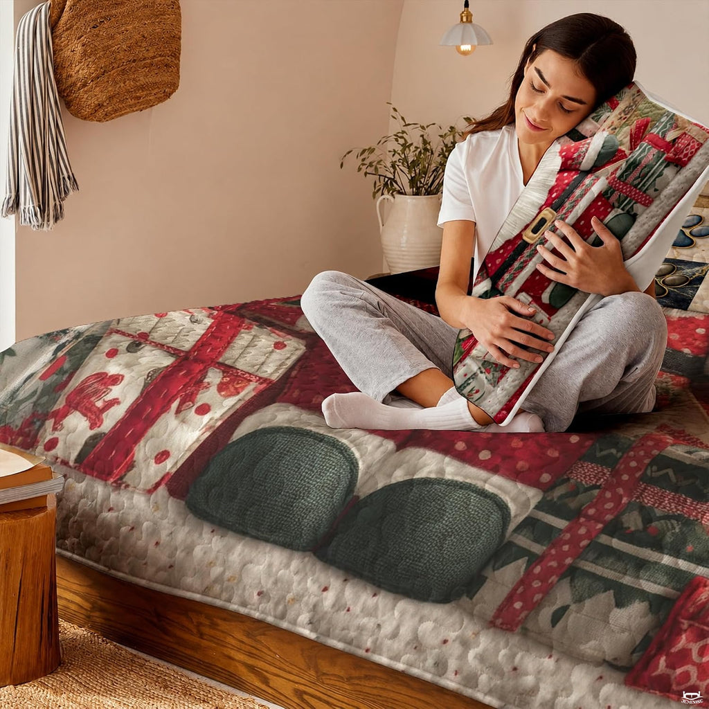 Santa Claus bedding set styled in a thematic accent winter bedroom surrounded by thematic accent seasonal decorative...