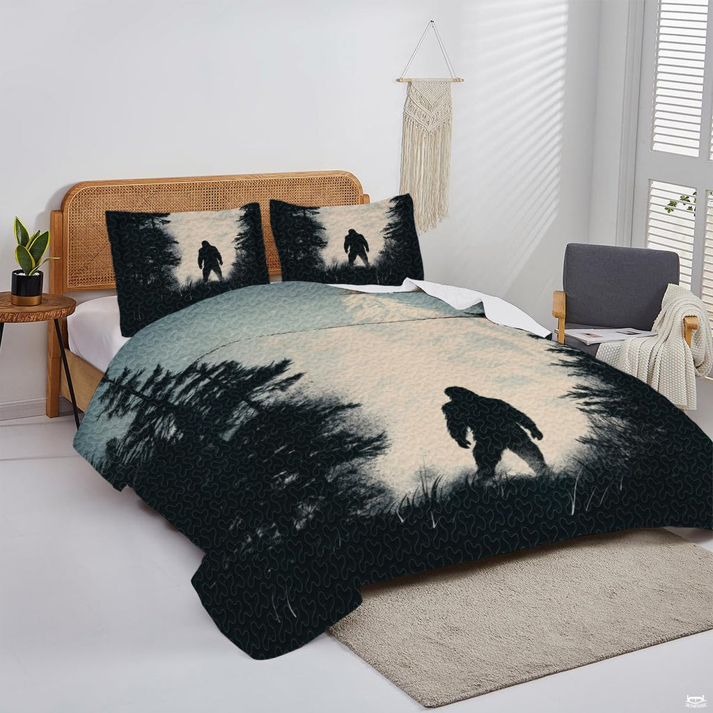 Overhead perspective of Bigfoot bedding arranged neatly across a lodge bedroom mattress