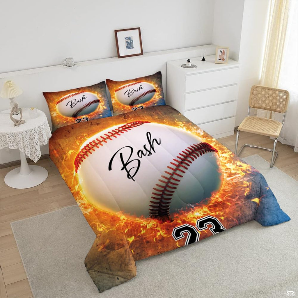Close-up perspective of baseball bedding highlighting crimson helmet art, golden accents, and ball lacing