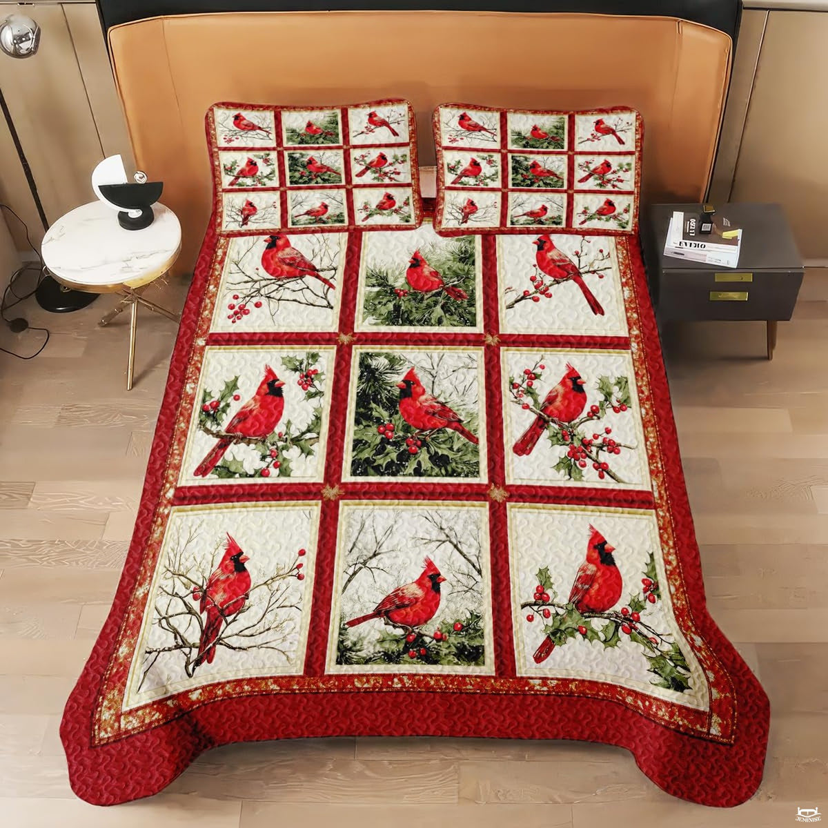 Side perspective of woodland cardinal bedding set accentuating festive botanical artwork in natural bedroom lighting.
