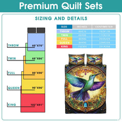 Full ornate hummingbird bedding design beside a reference sizing graphic